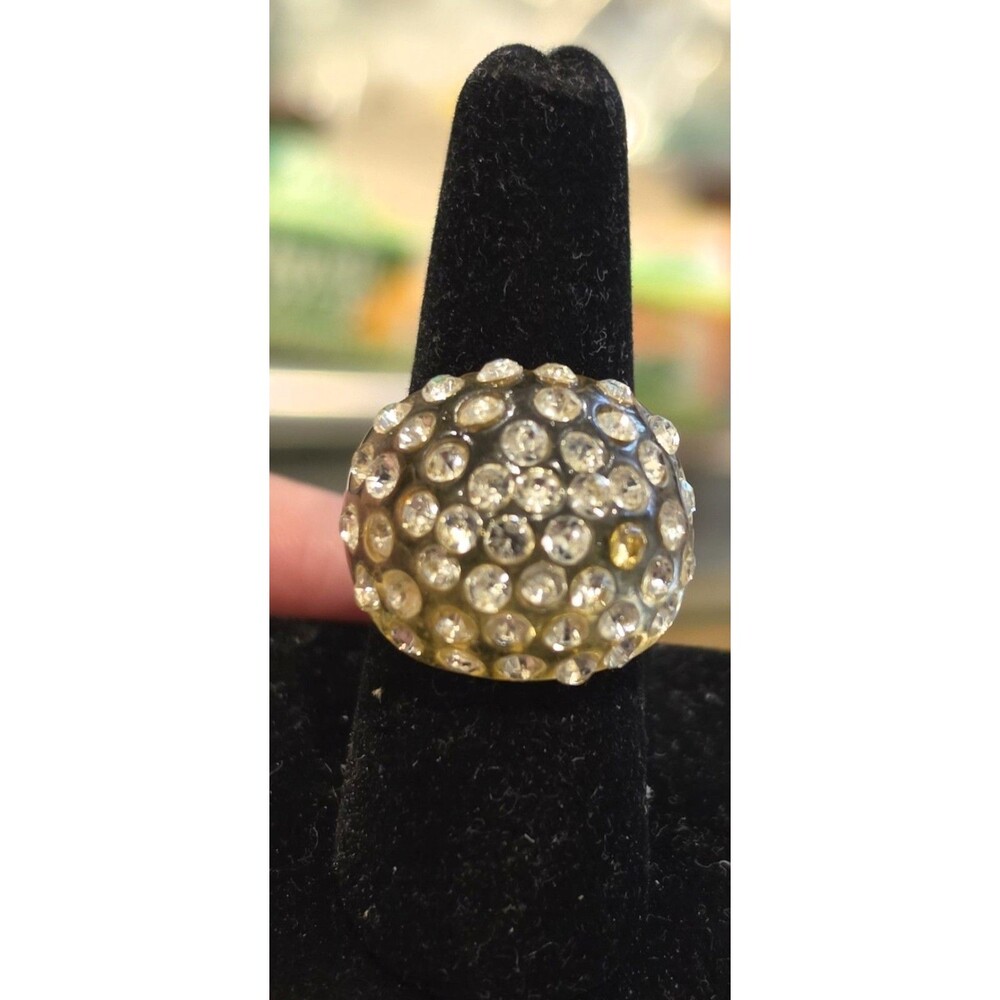 Vintage Chunky Lucite Dome Statement Ring Rhinestone Pave Size 8 Cocktail